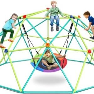 Hapfan 10 ft Climbing Dome Swing Set with Saucer Swing, Jungle Gym for Kids Outdoor Backyard, Supports 800lbs, Easy Asssembly, Rust-Resistant Outdoor Playset for Ages 3-8 8-12