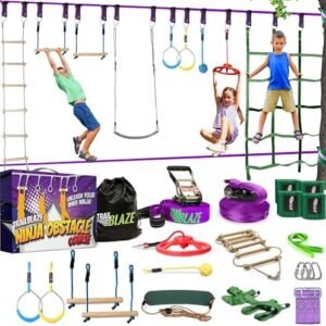Trailblaze Ninja Warrior Obstacle Course for Kids - Ultimate Outdoor Fun 2x55 Ft Ninja Slackline Climbing Net Rope Ladder Trapeze Swing Monkey Bars - Durable and Safe Ninja Course for Kids Outside