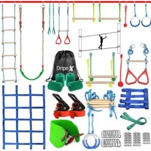Ninja Warrior Obstacle Course for Kids Backyard - 2×50ft Slackline Kit with 10 Most Complete Accessories for Boys & Girls, Swing, Rope Ladder, Gymnastic Ring, Climbing Net, Arm Trainer and Monkey Fist